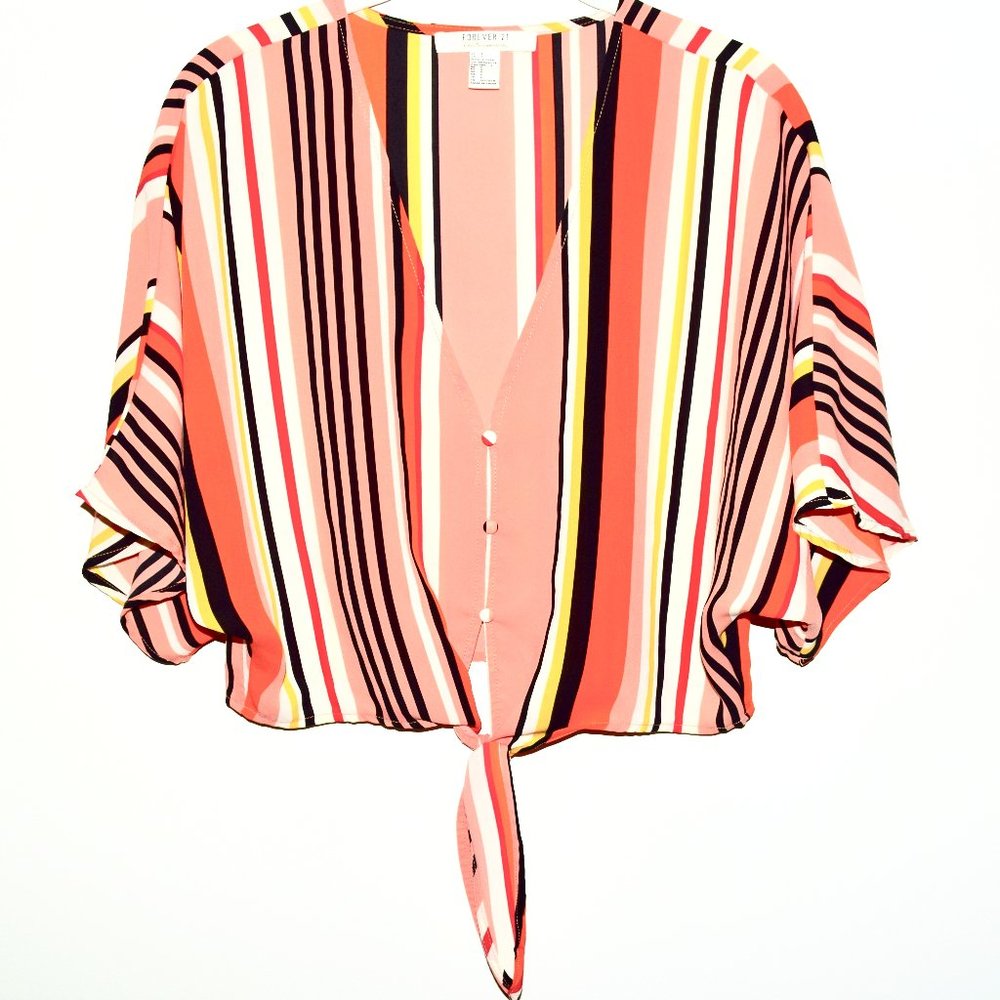 Forever 21 Striped Crop Blouse with Tie Top at Waist - Small